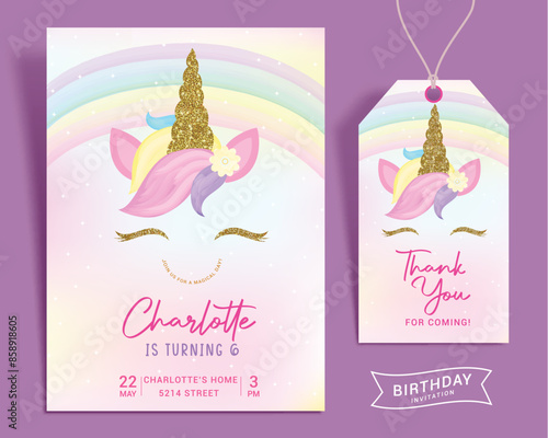 Birthday girl invitation card vector template. Birthday party invitation card with cute unicorn and colorful rainbow theme for kids magical day celebration. Vector illustration thank you tags template