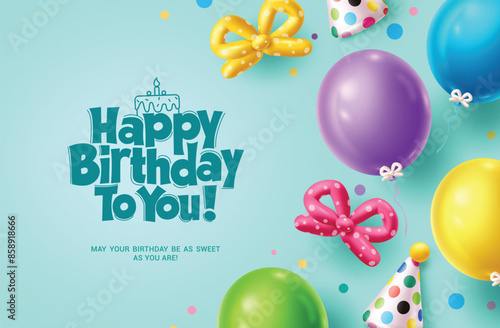 Happy birthday greeting vector background design. Birthday greeting text with colorful balloons and cute ribbon tie for kids party celebration design. Vector illustration birth day invitation card. 
