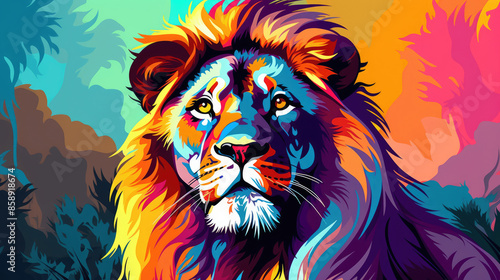 Abstract animal background illustration square - Colorful pop art painting of lion, Generative AI photo