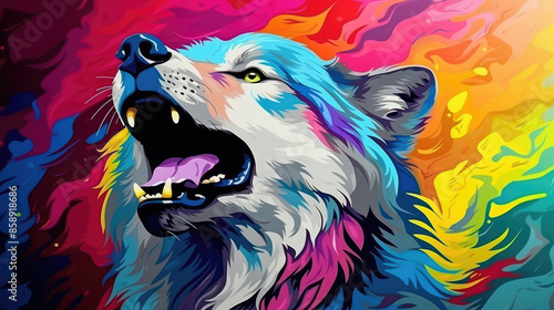 Abstract animal background illustration square - Colorful pop art painting of wolf, Generative AI photo
