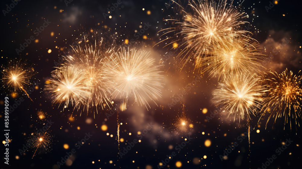 Naklejka premium Happy New Year 2024, Silvester New Year Eve firework party celebration holiday greeting card - Gold fireworks and golden bokeh lights on dark night background, Generative AI