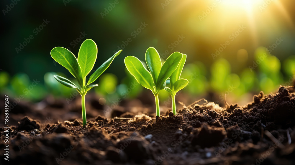 Fototapeta premium Plant growth, business concept background - Closeup of growing little green sprout appearing from the ground. Awakening of the nature in spring, illuminated by the sun, Generative AI