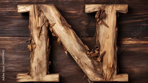 Rustic 3d wooden letter N, wood typography font, alphabet abc, isolated on transpartent background png, Generative AI photo