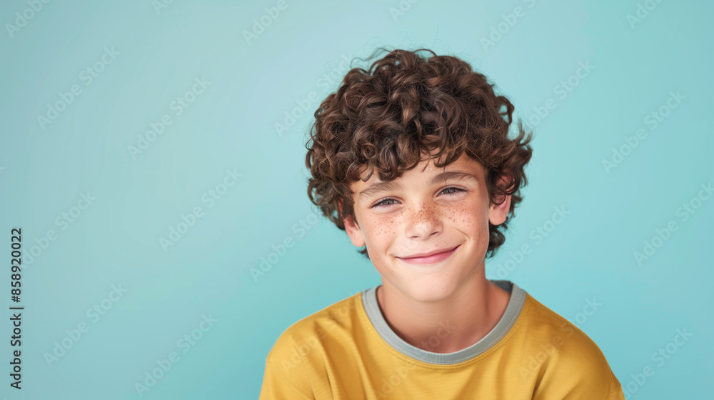 Latin American boy with curly brown hair and a mischievous grin on soft blue background Latin American boy with curly brown hair and a mischievous grin on soft blue background