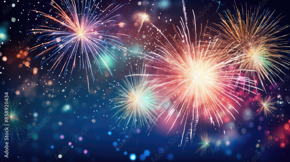 Fototapeta premium Silvester New Year, New Year Eve 2024 party event celebration holiday greeting card - Closeup of sparkling sparklers, firework and bokeh lights in the background, Generative AI