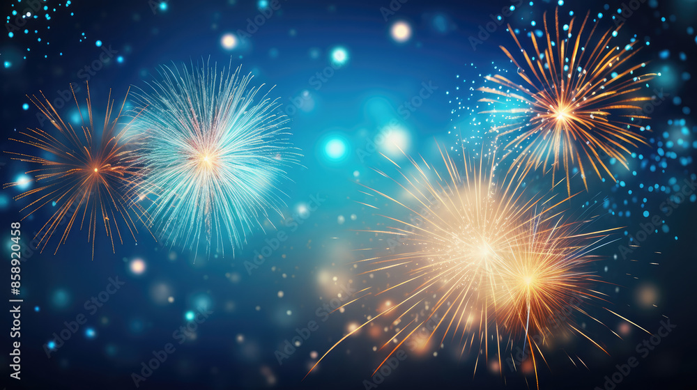 Fototapeta premium Happy New Year 2027, New Year Eve firework sparkler party celebration holiday greeting card with year - Gold fireworks, sparklers and golden bokeh lights, blue background banner, Generative AI