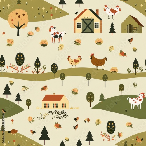 This illustrated design features a farm scene with rolling hills, green trees, and colorful houses. In the foreground, a cow grazes in a field next to a farmhouse. Several chickens are scattered throu photo