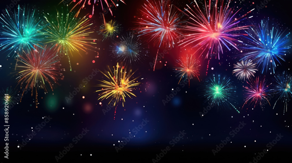 Fototapeta premium Happy New Year 2024, New Year Eve firework sparkler party celebration holiday greeting card with year - Colorful fireworks, sparklers and bokeh lights, dark night background banner, Generative AI