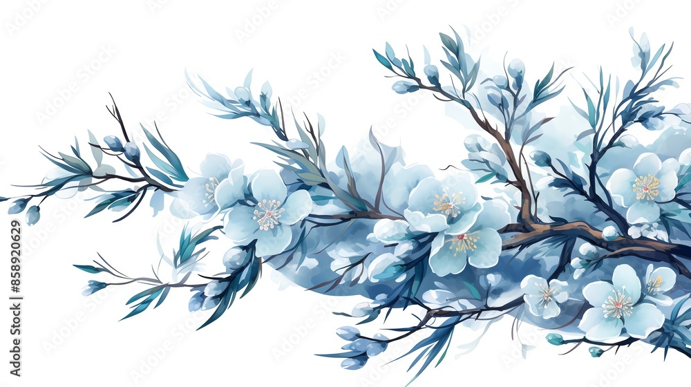 Watercolor painting of a blue cherry blossom branch with white background. Watercolor painting of a blue cherry blossom branch with white background.