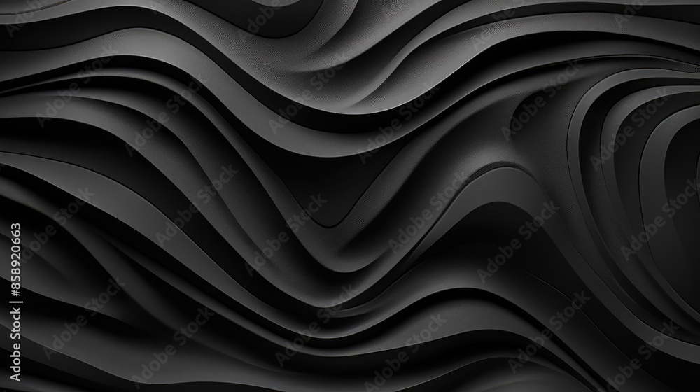 Fototapeta premium Abstract dark black anthracite tile wall texture background with waving waves leaves shapes, Generative AI