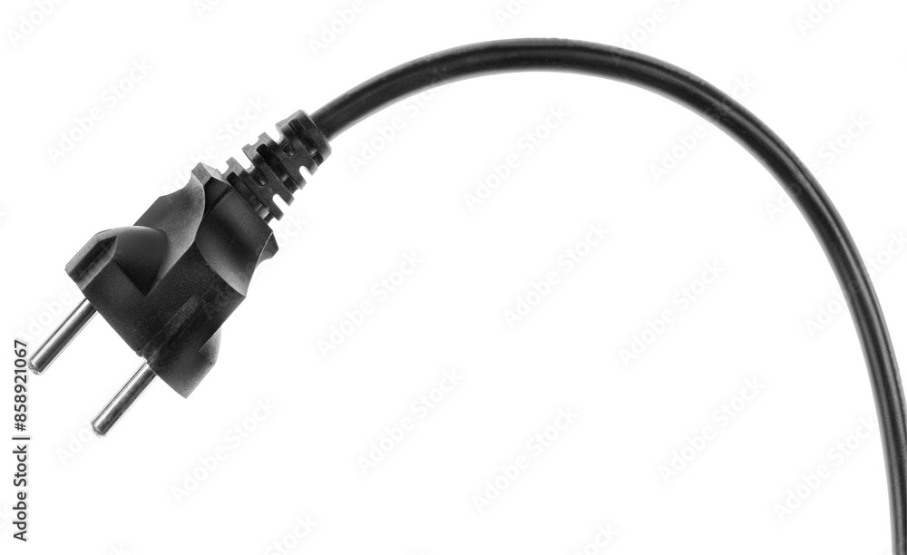 Electric European plug isolated on white background. Black power cable with plug. Power cord close-up Electric European plug isolated on white background. Black power cable with plug. Power cord close-up