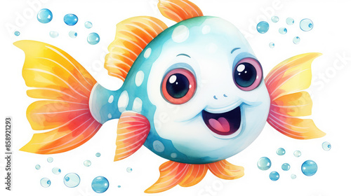 Cute funny animal illustration - Watercolor painting of cute sweet clown fish in waterr, design for logo or t shirt, isolated on white background, Generative AI photo