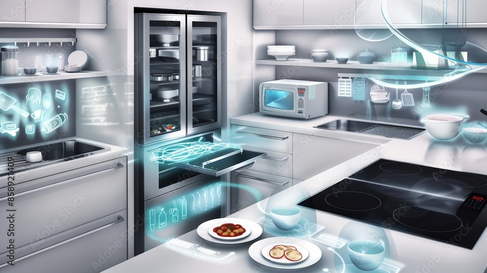 Imagine a high-tech kitchen with smart appliances that automatically prepare and cook meals based on dietary preferences and nutritional needs, simplifying healthy living. Imagine a high-tech kitchen with smart appliances that automatically prepare and cook meals based on dietary preferences and nutritional needs, simplifying healthy living.