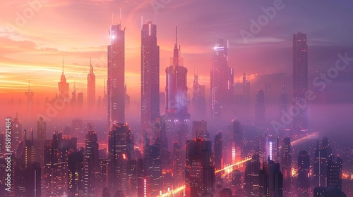 a modern futuristic cityscape at twilight, with towering skyscrapers against a gradient sky, as lights flicker on in the evening © growth.ai