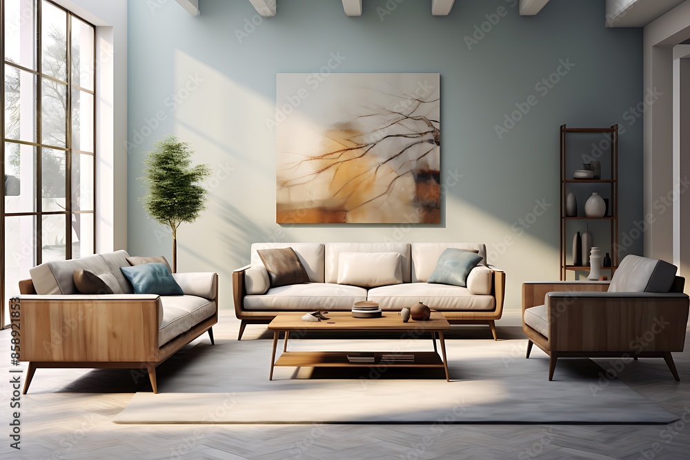 Fototapeta premium Interior of modern living room with white walls, wooden floor, comfortable sofa and coffee table.