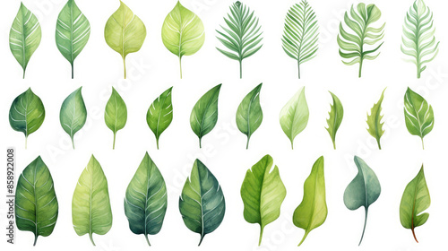 Watercolor painting tropical leaf illustration collection set - many different leaves, isolated on white background, Generative AI