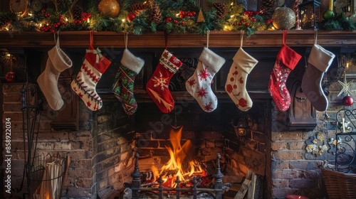 A close-up shot of colorful Christmas stockings hung over a fireplace with a warm fire burning inside. The stockings are decorated with festive patterns and are hung from a wooden mantelpiece adorned  © vadosloginov