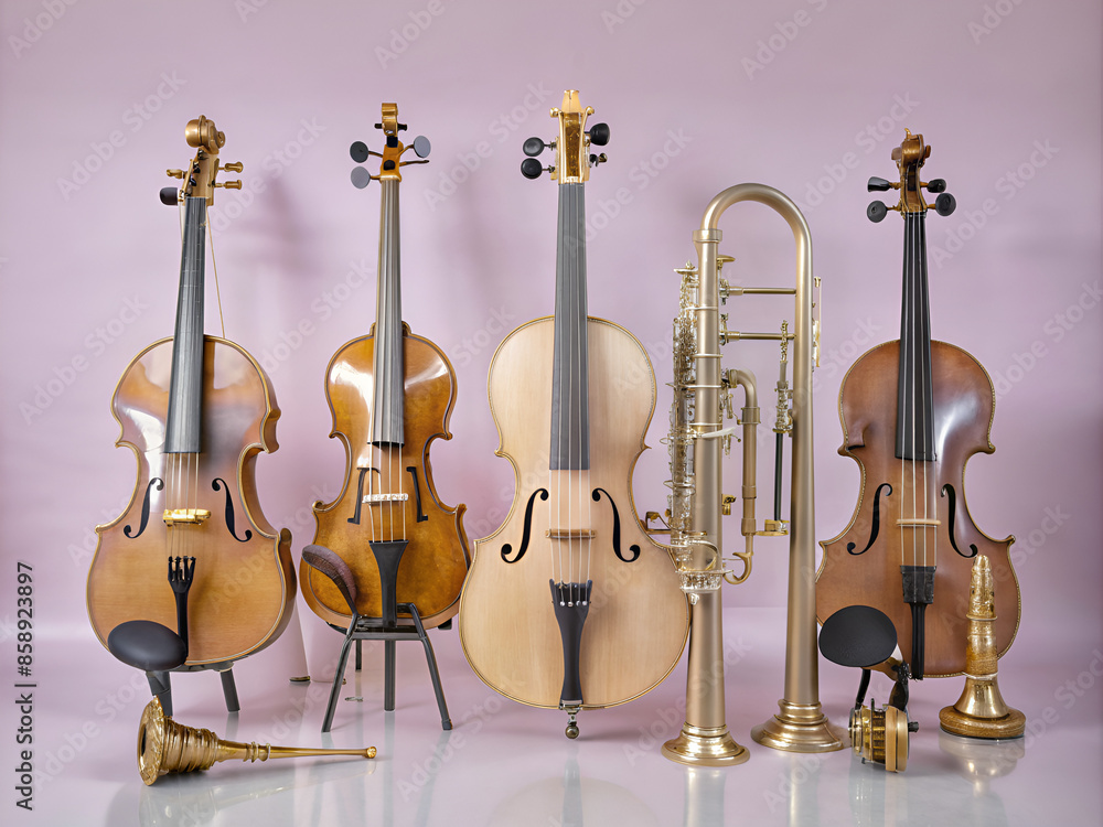 Naklejka premium Musical instruments such as violins and other strings are on display