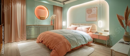 A serene bedroom in pastel shades, promoting relaxation with soft lighting and minimal decor