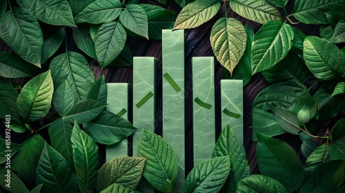 Bar charts on a financial report surrounded by green leaves, showcasing eco-friendly finance and sustainability trends, modern and crisp presentation photo