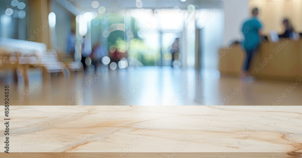 Empty marble counter with blurred hospital background. Polished marble tabletop for product display with blurred hospital waiting area and reception desk background Empty marble counter with blurred hospital background. Polished marble tabletop for product display with blurred hospital waiting area and reception desk background