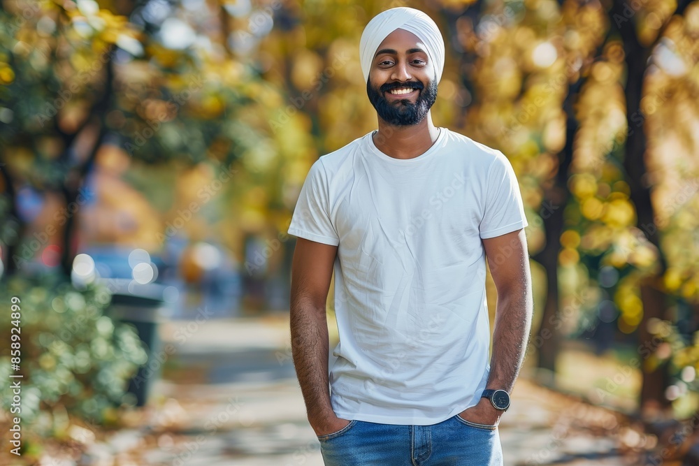 Obraz premium Smiling Young Sikh Man in White T-shirt Standing in a Park, Mockup, Copy Space