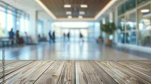 Wallpaper Mural Empty wooden table in blurred shopping mall. Rustic wooden table top against a blurred shopping mall background, ideal for product placement and presentations. Torontodigital.ca