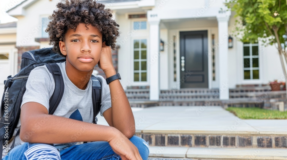 Fototapeta premium Boy sitting on porch steps, leaning head on hand, in front of residential building