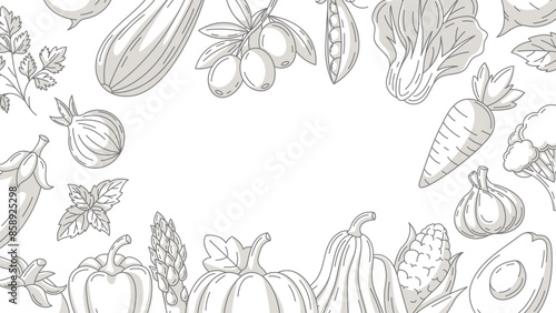 Fresh and healthy farm vegetables, vector minimalist horizontal banner, monochrome veggies icons frame. Space for text, isolated background. Organic product. For poster, menu, flyer, cover, invitation