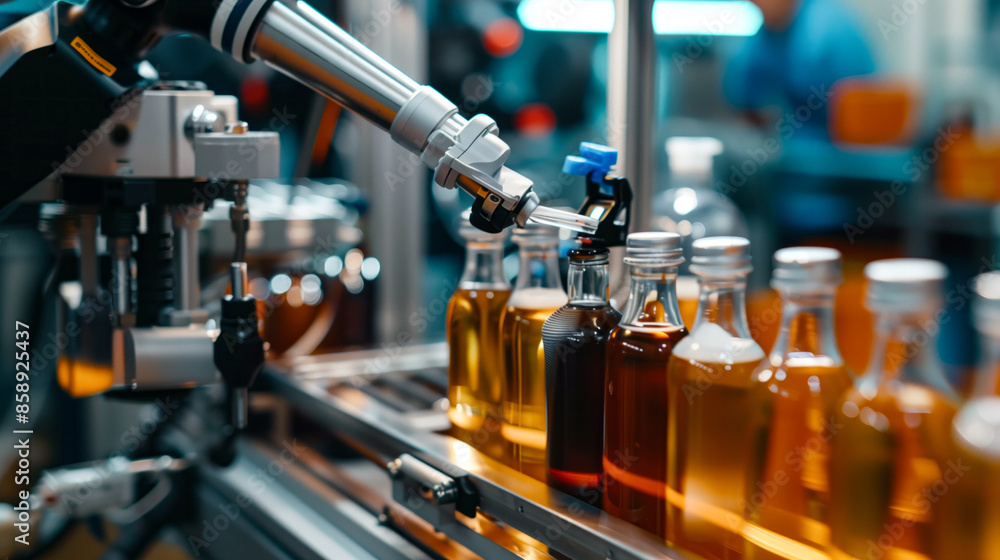 Robotic hands applying labels on bottles in a beverage manufacturing plant Robotic hands applying labels on bottles in a beverage manufacturing plant