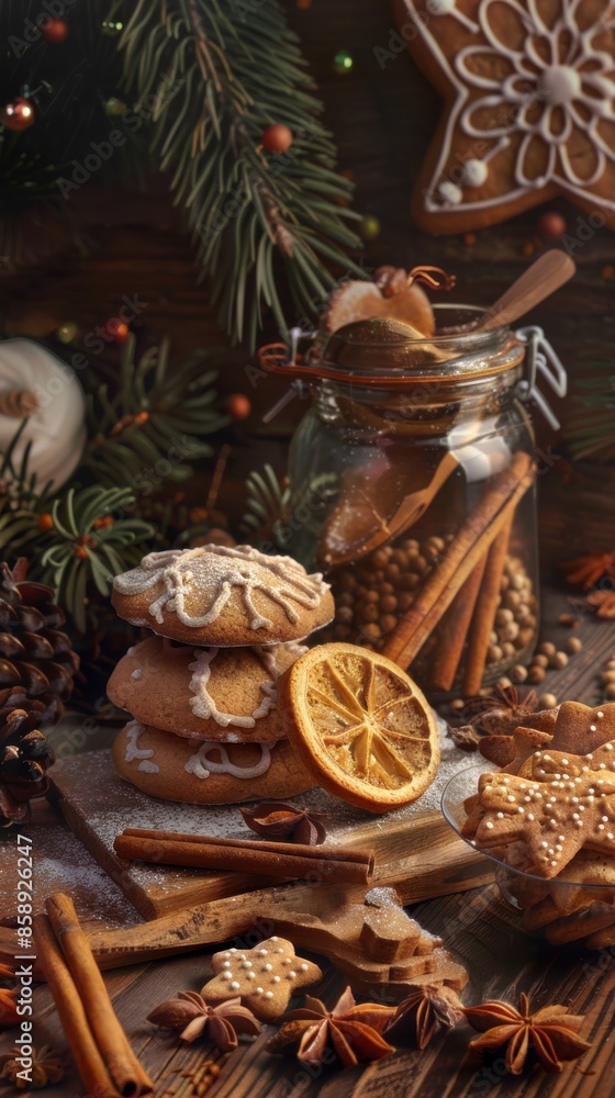 A close-up image of a rustic wooden table adorned with Christmas treats. Stacked gingerbread cookies with white icing, cinnamon sticks, star anise, a dried orange slice, and a glass jar filled with va A close-up image of a rustic wooden table adorned with Christmas treats. Stacked gingerbread cookies with white icing, cinnamon sticks, star anise, a dried orange slice, and a glass jar filled with va
