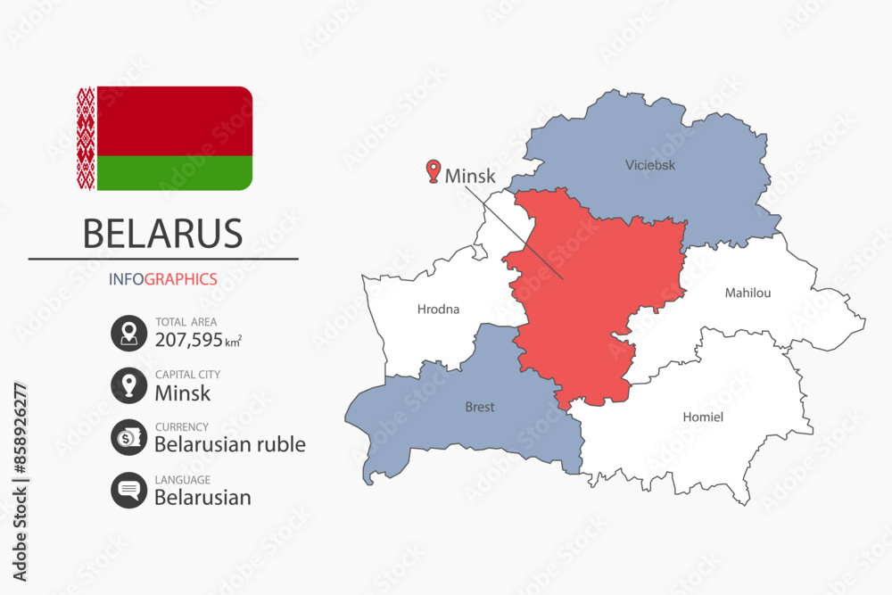 Fototapeta premium Belarus map infographic elements with flag of city. Separate of heading is total areas, Currency, Language and the capital city in this country.