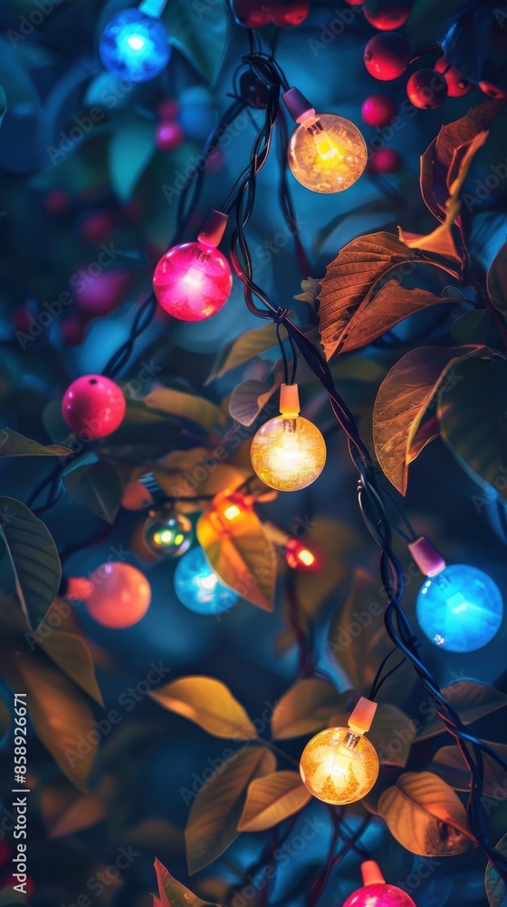A close-up view of a string of colorful lights hanging from a tree branch, with the lights illuminating the surrounding leaves. The lights are a mix of red, blue, yellow, and pink, creating a festive A close-up view of a string of colorful lights hanging from a tree branch, with the lights illuminating the surrounding leaves. The lights are a mix of red, blue, yellow, and pink, creating a festive