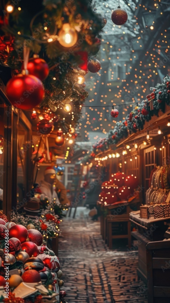 Obraz premium A festive street in a European city is illuminated with twinkling Christmas lights and decorated with red ornaments. The cobblestone street leads through a market with wooden stalls and vendors sellin