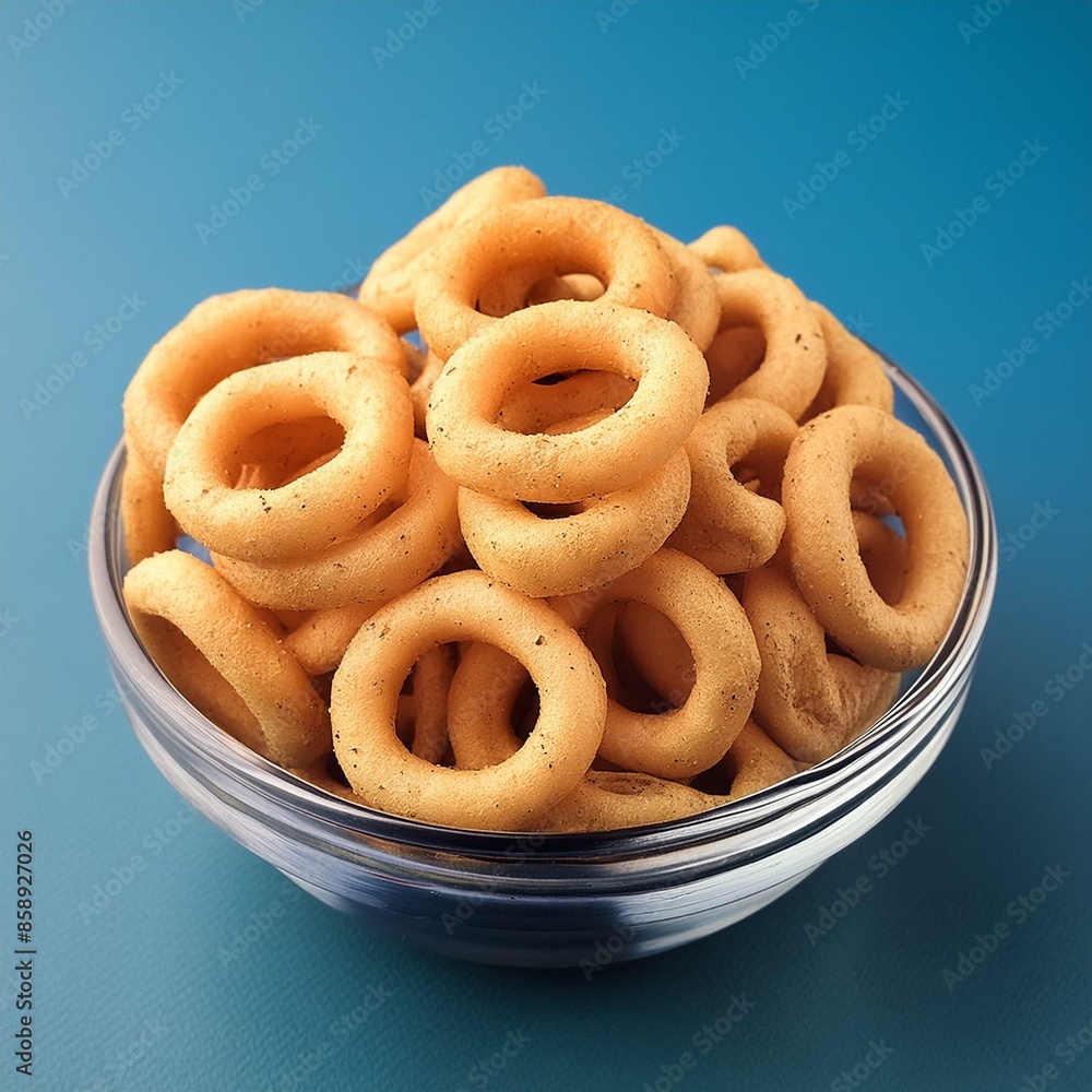 Round crunchy corn rings on blue background Round crunchy corn rings on blue background