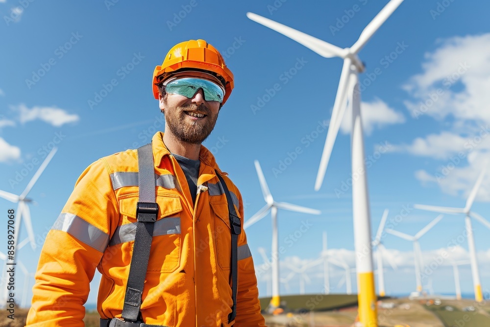 A wind turbine technician conducting maintenance on a massive offshore wind farm A wind turbine technician conducting maintenance on a massive offshore wind farm