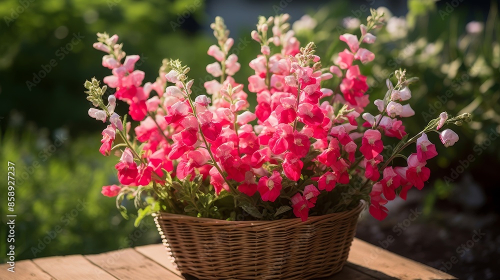 Garden setting snapdragons basket bloom Garden setting snapdragons basket bloom