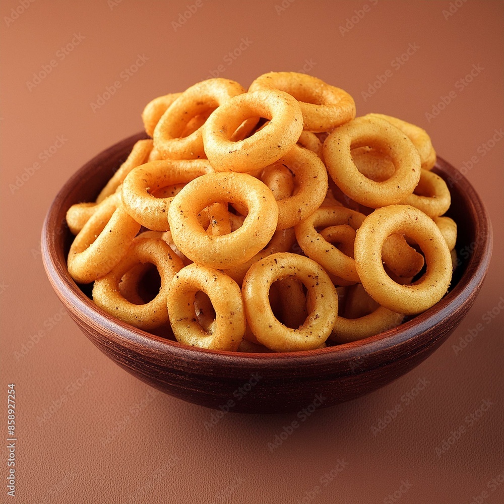 Round crunchy corn rings on brown background Round crunchy corn rings on brown background