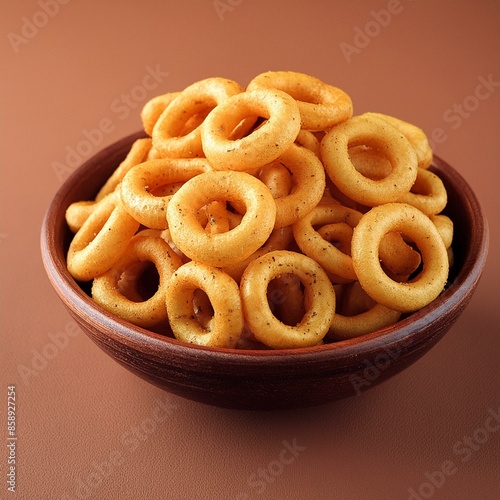 Round crunchy corn rings on brown background 