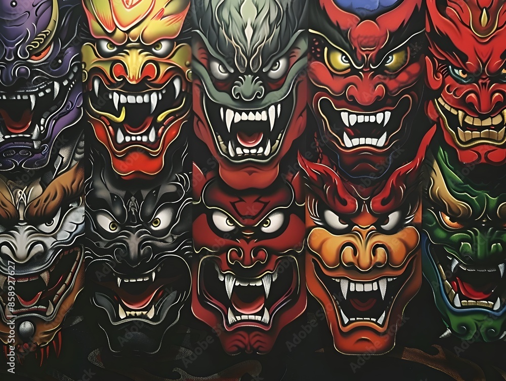 Naklejka premium Fearsome Masquerade:A Collection of Menacing Mask-Inspired Creature Designs