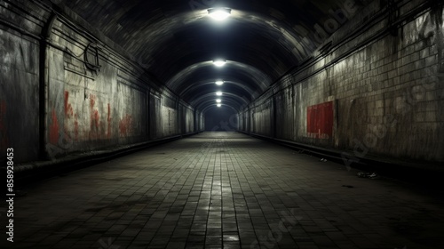 Desolate subway station with dim lighting, echoes of past commuters © stocksbyrs