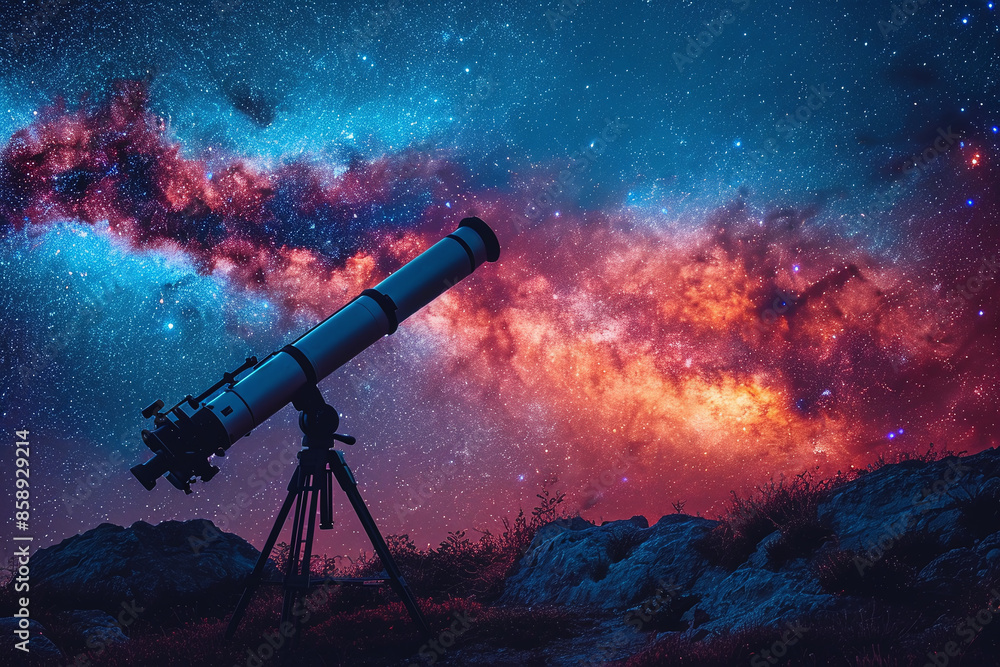 Telescope in the desert watching the Great Bear constellation and the milky way and silhouette of a telescope, showcasing the wonders of the universe with vibrant cosmic colors.
Telescope in the desert watching the Great Bear constellation and the milky way and silhouette of a telescope, showcasing the wonders of the universe with vibrant cosmic colors.