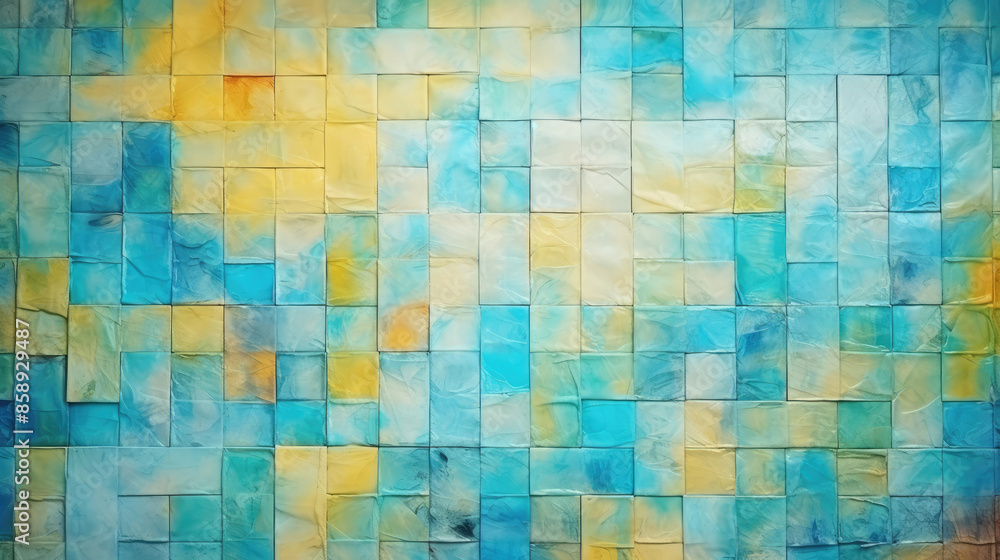 Fototapeta premium Abstract mosaic made of turquoise yellow marbled stone tiles - Colorful wall texture background, Generative AI