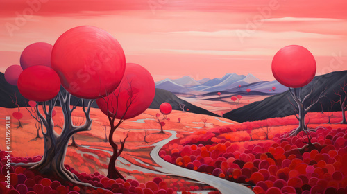 Red fantasy outland landscape with full moon, trees, mountains and mushrooms, abstract painting illustration, Generative AI photo