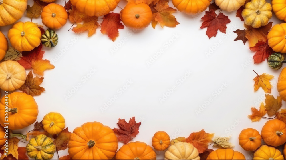 Autumn fall thanksgiving holiday greeting card - Frame made of eucalyptus leaves and pumpkins, modern, minimalism, isolated on white table background, top view, Generative AI Autumn fall thanksgiving holiday greeting card - Frame made of eucalyptus leaves and pumpkins, modern, minimalism, isolated on white table background, top view, Generative AI