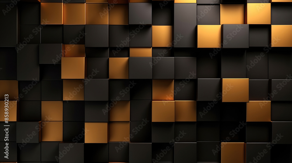 Abstract dark geometric luxurious noble gold black 3d texture wall with squares and rectangles background banner illustration, textured wallpaper, Generative AI Abstract dark geometric luxurious noble gold black 3d texture wall with squares and rectangles background banner illustration, textured wallpaper, Generative AI