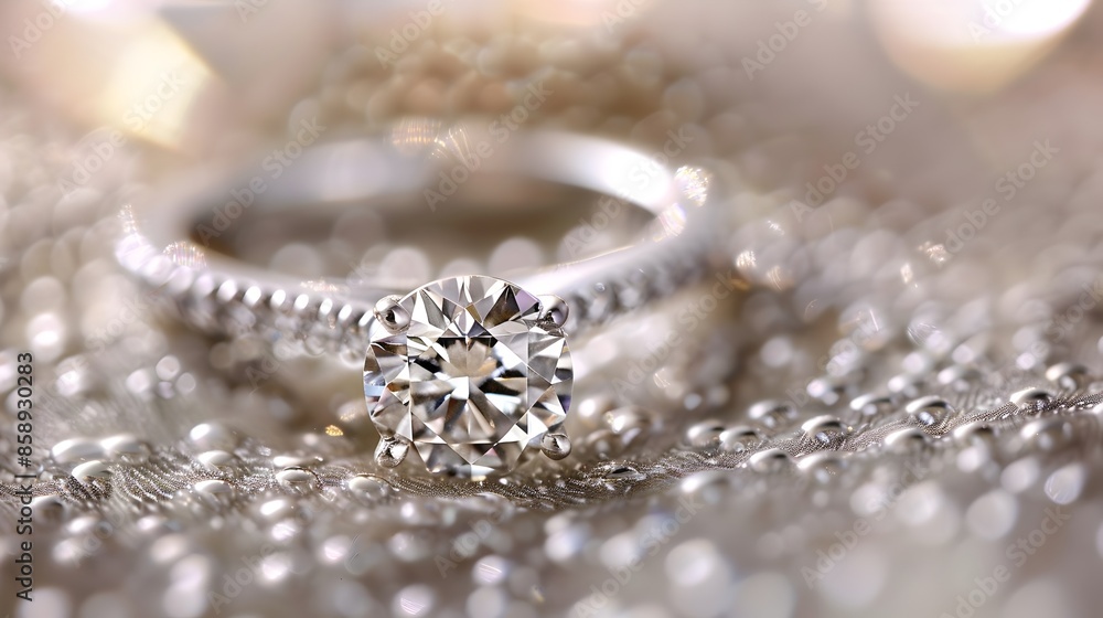 Delicate Diamond Ring Showcased on Soft Textured Surface with Blurred Background Delicate Diamond Ring Showcased on Soft Textured Surface with Blurred Background