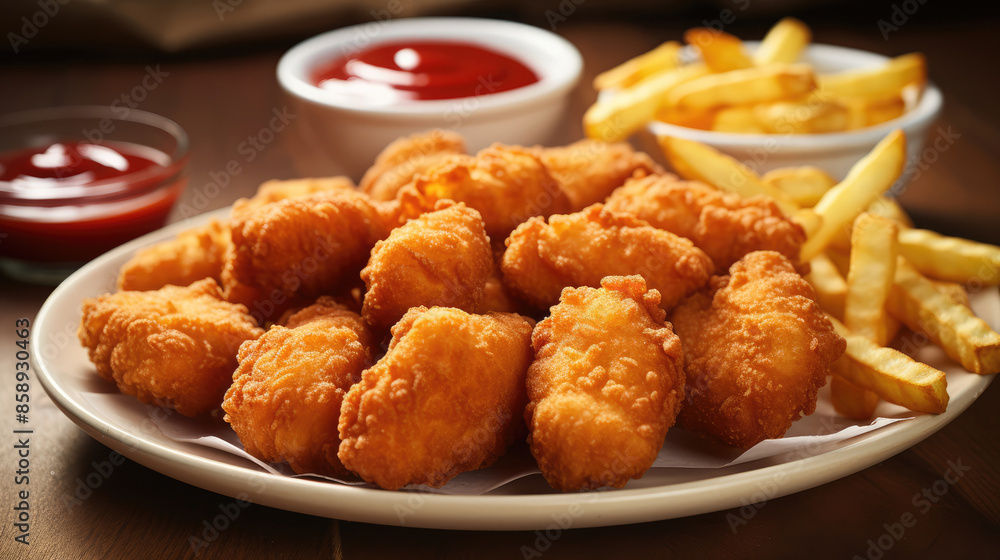 Fast food photography background - Plate of french fries and chicken nuggets with ketchup on wooden table, Generative AI Fast food photography background - Plate of french fries and chicken nuggets with ketchup on wooden table, Generative AI
