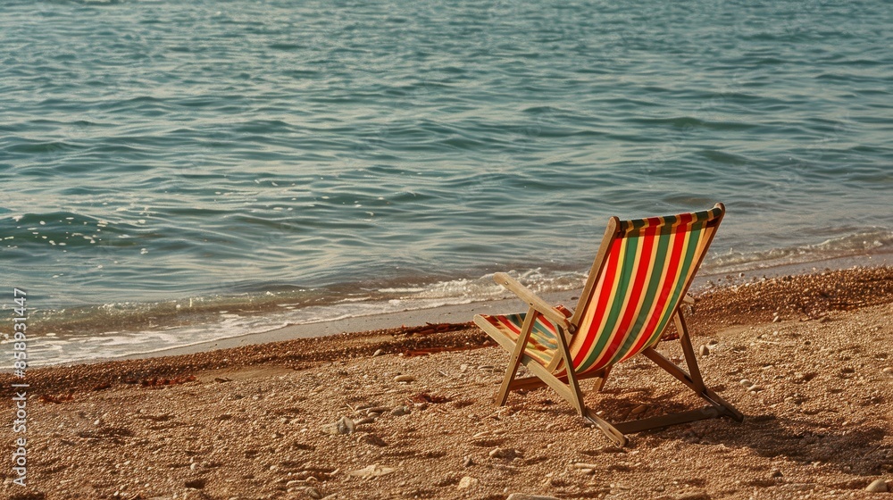 Striped Beach Chair on Sandy Shore Striped Beach Chair on Sandy Shore