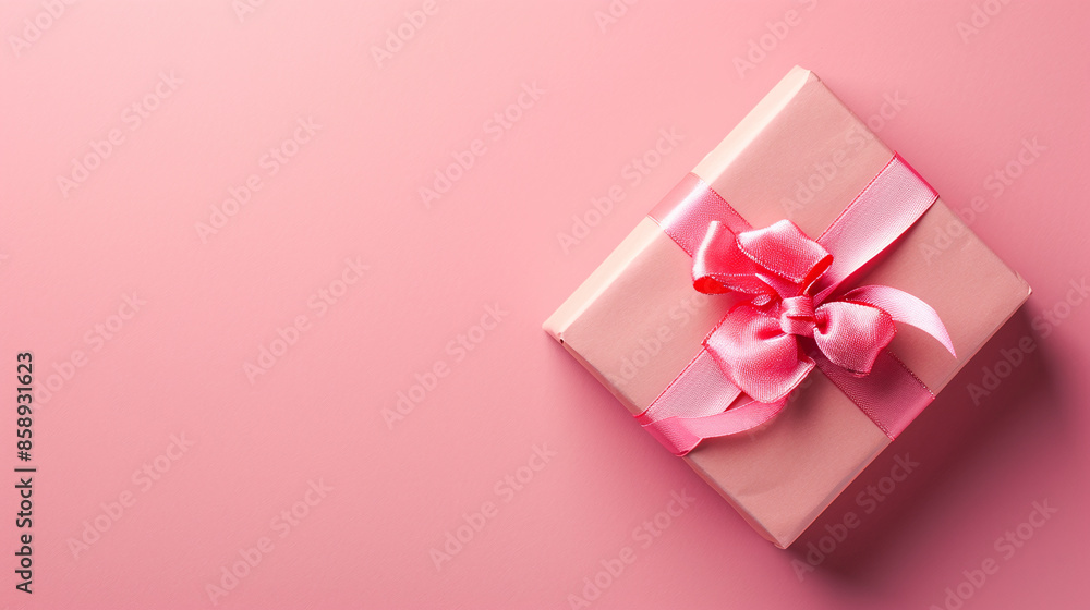 Pink gift box with satin purple ribbon and bow on a pink background. Top view. Copy space area for product, text or logo Pink gift box with satin purple ribbon and bow on a pink background. Top view. Copy space area for product, text or logo